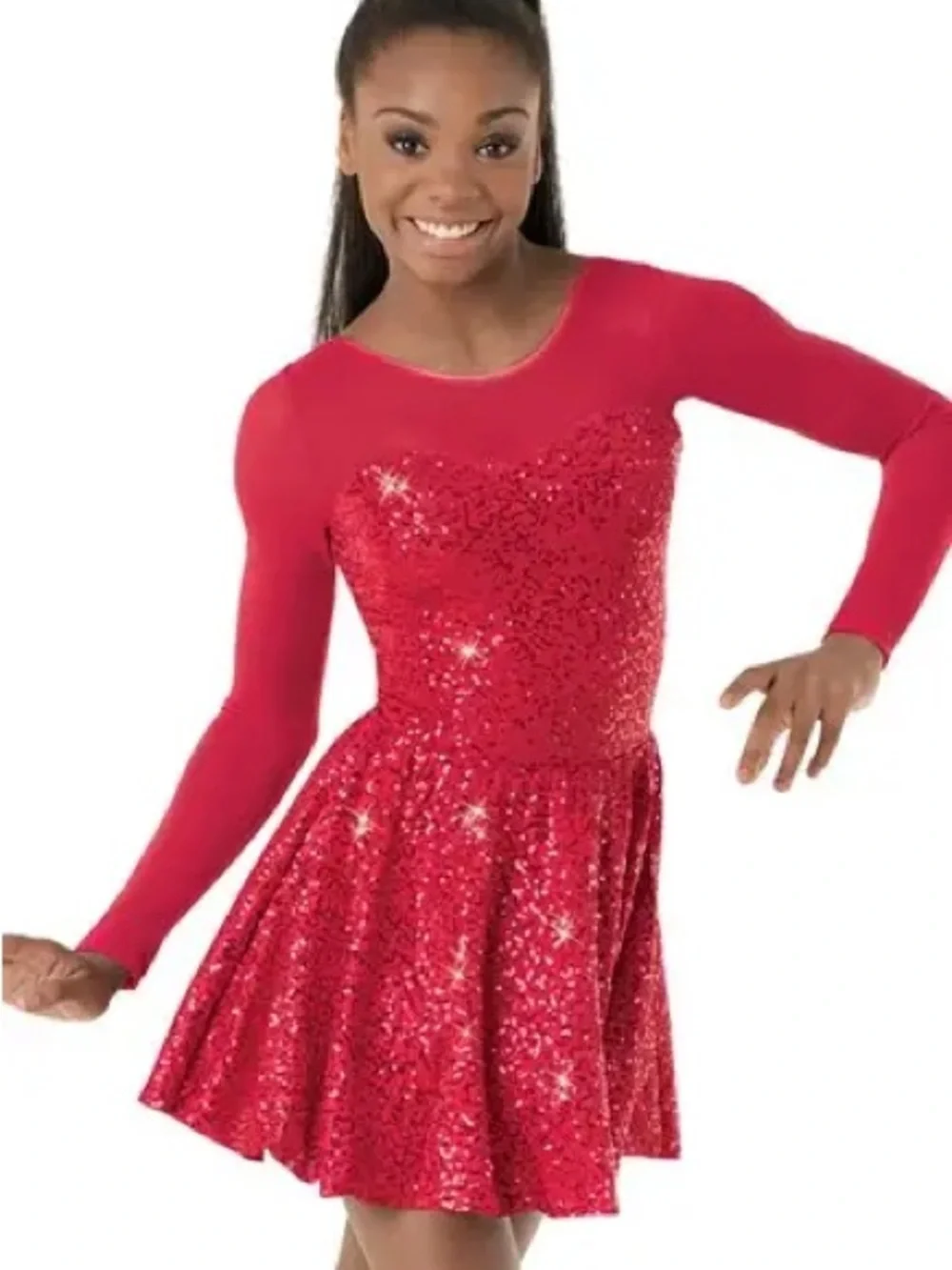 Balera Red Sequin, Sheer Long Sleeve Dance Dress MA